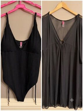 Betsey Johnson 3X Black Smocked One-Piece Swimsuit & Mesh Cover-Up Set NWOT